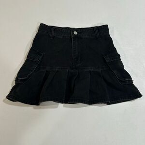Black Denim Ruffle Cargo Mini Skirt XS Y2K Utility Streetwear